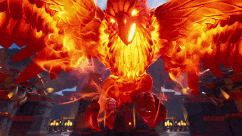 a phoenix is flying through the air with flames coming out of its wings in a video game .