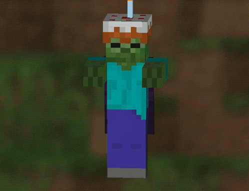 a minecraft character with a birthday cake on top of his head