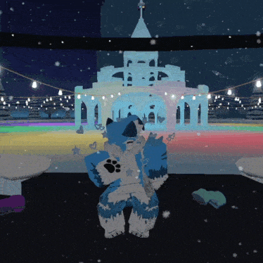 a furry character stands in front of a castle