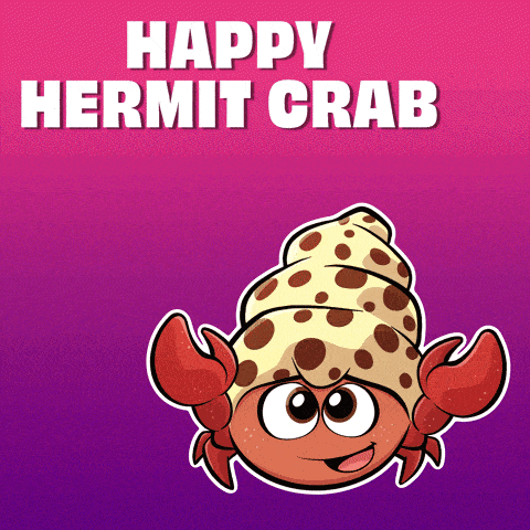 a happy hermit crab with a polka dot shell on its head