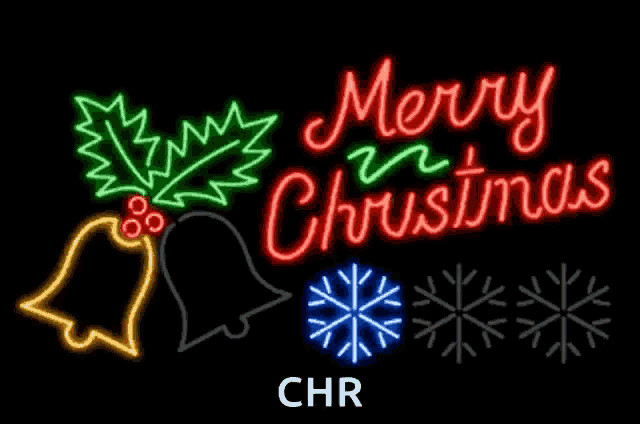 neon sign that says merry christmas with bells and snowflakes