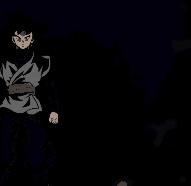 a cartoon character in a black and grey outfit with a red sash around his waist