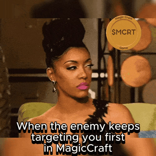 a picture of a woman with the words when the enemy keeps targeting you first in magiccraft at the bottom