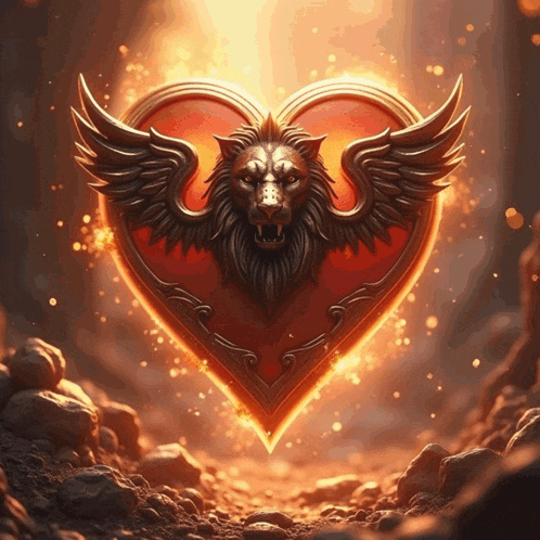 a red heart with a lion 's head and wings on it