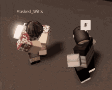 two roblox characters are standing next to each other with masked_witts in the corner