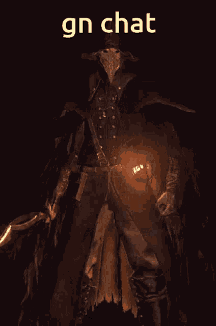 a man in a plague doctor costume is holding a torch in his hand and says gn chat on the bottom .