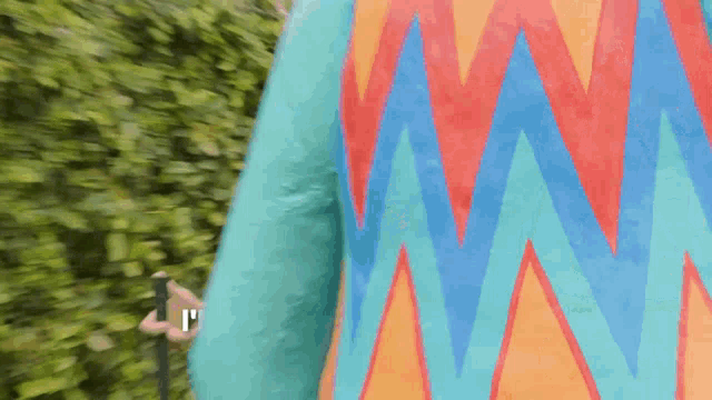 a person wearing a colorful sweater with a chevron pattern on it