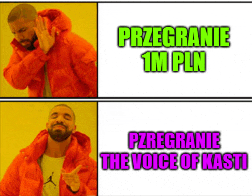 a man in an orange jacket stands next to a sign that says przegranie 1m pln