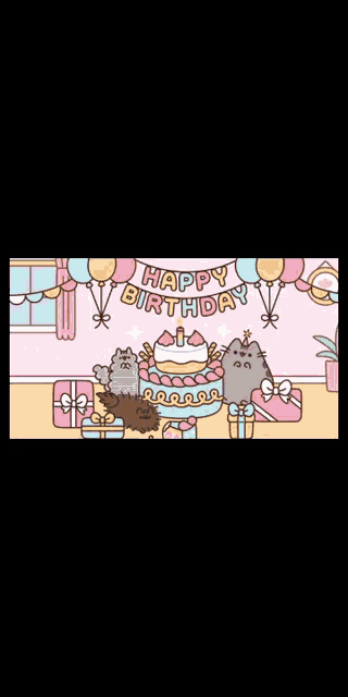 a cat holding a birthday cake with a banner that says happy birthday