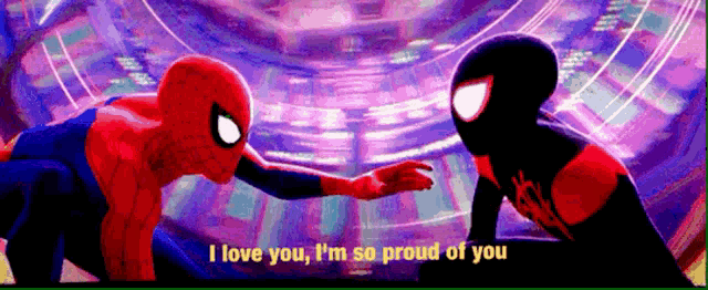 spider-man and miles morales are touching hands and saying i love you