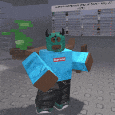 a cartoon character wearing a blue supreme sweatshirt