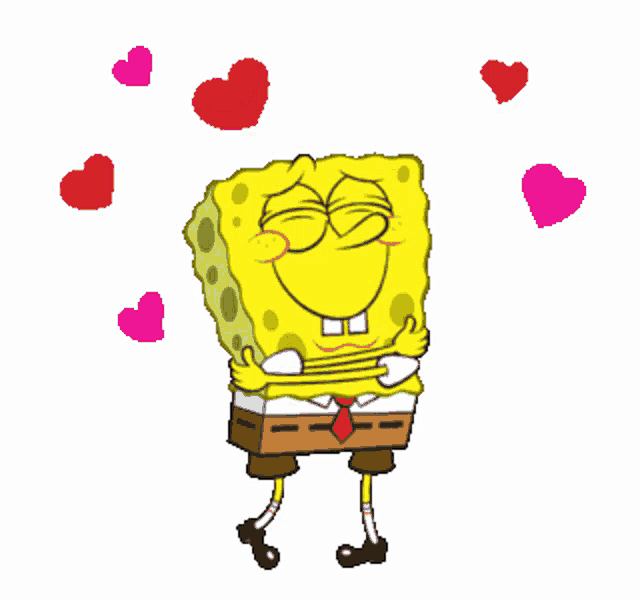 a cartoon of spongebob hugging himself and surrounded by hearts