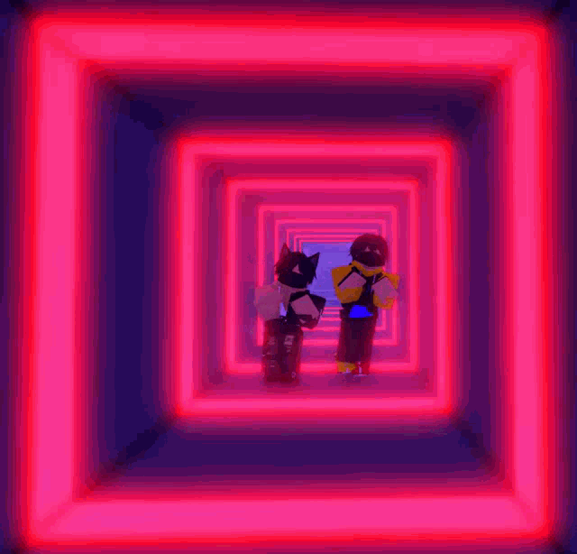 a couple of cartoon characters standing in a tunnel of neon lights