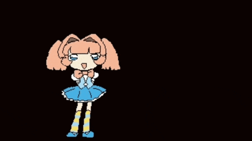 a cartoon character with a blue dress and yellow striped socks
