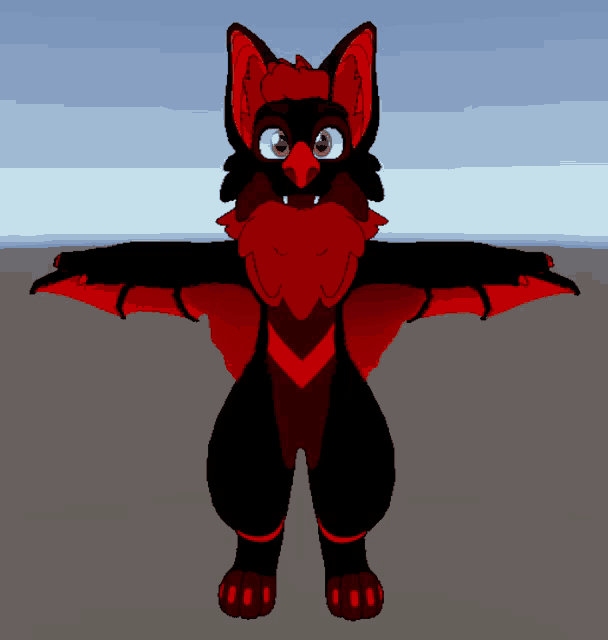 a 3d model of a red and black animal with its wings outstretched