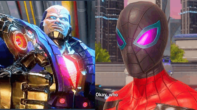 a robot and a spiderman are talking to each other in a video game