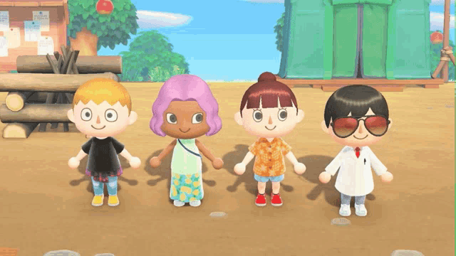 four cartoon characters are standing next to each other in front of a green tent