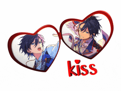 two hearts with the word kiss in red