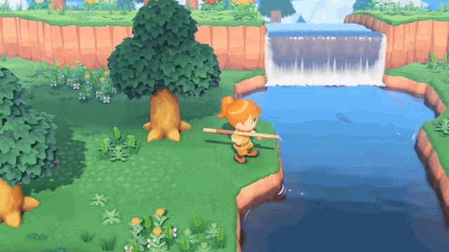 a cartoon character is fishing near a waterfall in a video game
