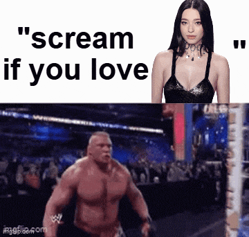 a woman is standing next to a muscular man who says " scream if you love " .