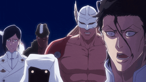 a group of anime characters are standing in a line with one wearing a mask