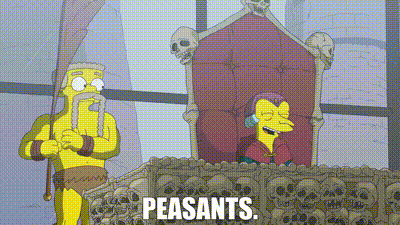 a cartoon character is standing next to a pile of skulls and the word peasants is written on the bottom