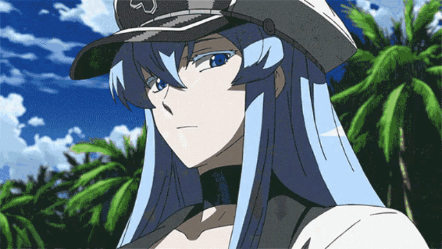 a girl with long blue hair is wearing a hat with a star on it