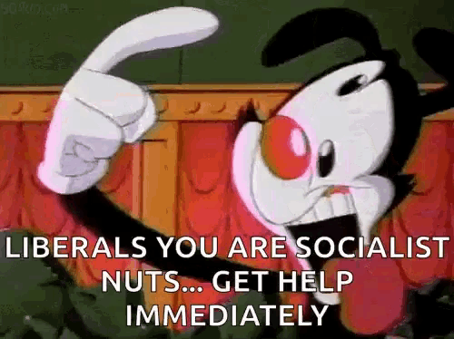 a cartoon character is pointing at something and says liberals you are socialist nuts get help immediately