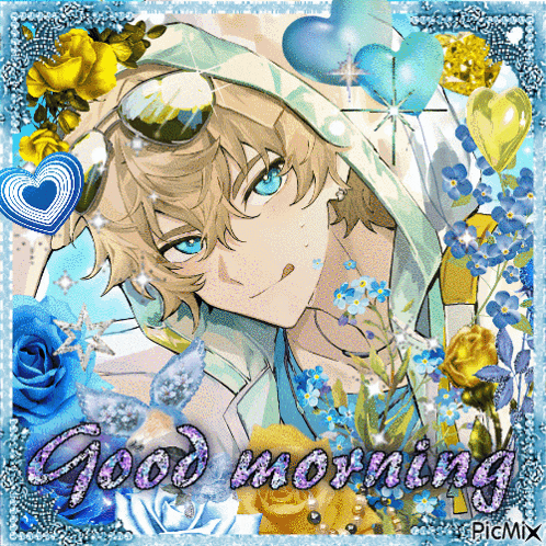 a picture of a boy with blue eyes and the words good morning on the bottom