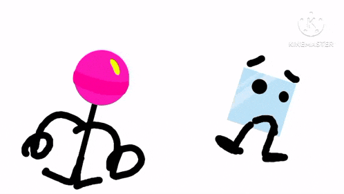 a stick figure is standing next to a pink object and a blue square .