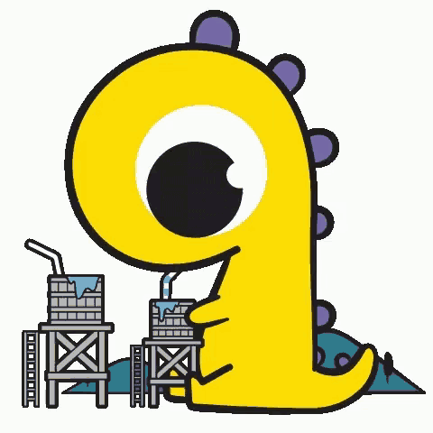 a cartoon drawing of a yellow dinosaur drinking water from a straw .