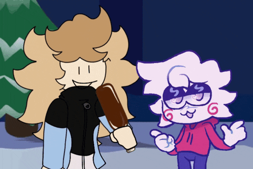 two cartoon characters are standing next to each other and one has the letter s on his glasses