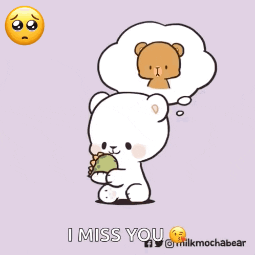 a cartoon of a teddy bear laying on a bed with a thought bubble that says " i miss you "
