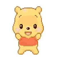 a pixel art of a winnie the pooh bear wearing a red shirt and smiling .