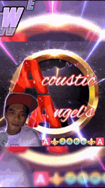 a logo for acoustic angel 's has a man in a red hat