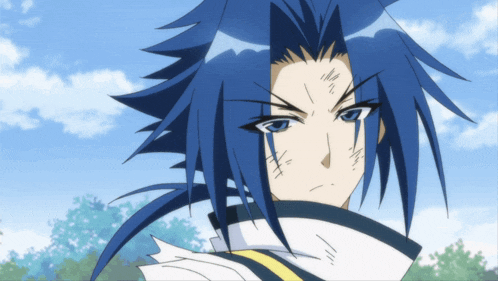 a cartoon character with blue hair and a yellow stripe on his chest