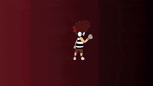 a cartoon of a girl fighting a purple monster in a dark room .
