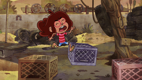 a cartoon of a girl jumping over a crate with the word crate on it