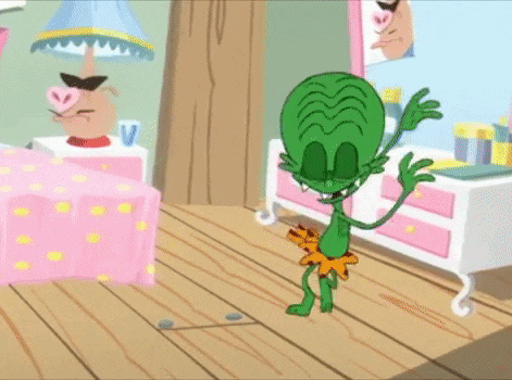a cartoon character is dancing in a bedroom with a pink bed