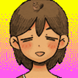 a pixel art of a girl with a squirrel sitting on her head .