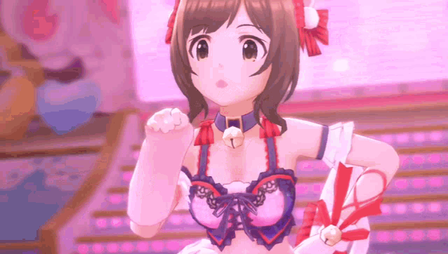 a close up of a anime girl wearing a bell around her neck .