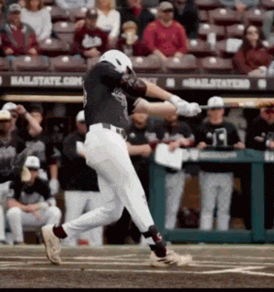 a baseball player is swinging at a ball in front of a sign that says ' hailstate ' on it
