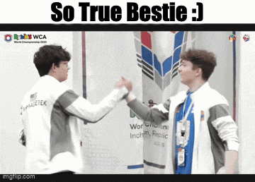 two men shaking hands with the words so true bestie on the bottom