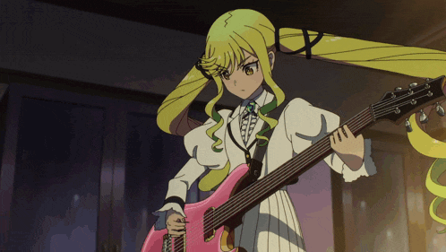 a girl with blonde hair playing a pink guitar