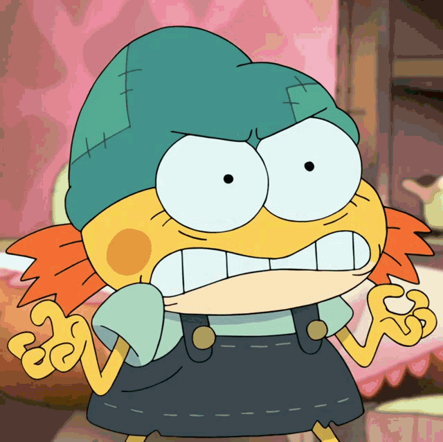 a cartoon character with a green hat and overalls making a funny face