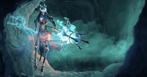 a skeleton is holding a cane in a cave with smoke coming out of it