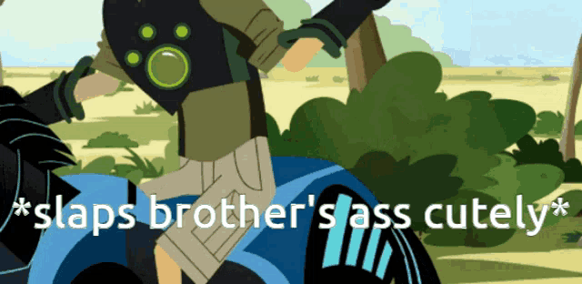 a cartoon character with the words slaps brother 's ass cutely written below him