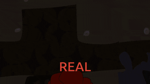 a cartoon character is holding a heart and the word real is in red