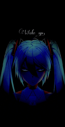 a drawing of a girl with blue hair and the words " ce wake up "