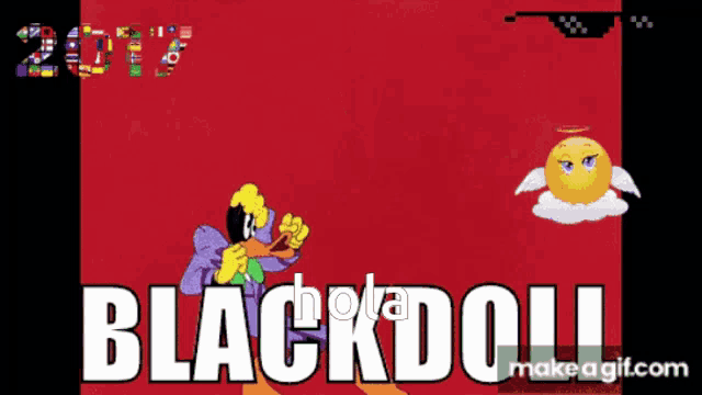 a cartoon character with the words blackdoll on the bottom
